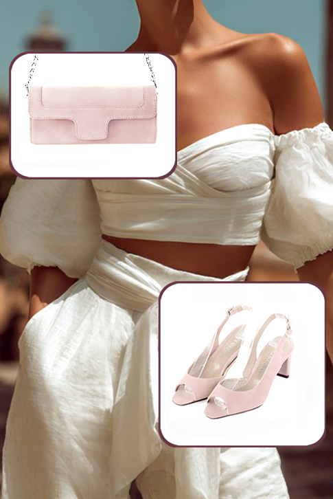 Dress heels peep-toe slingback in powder pink leather with medium comma heels and square toe - Worn view